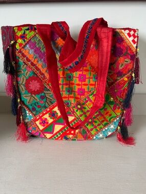 Bohemian Embroidered Patchwork Tote Bag in Red